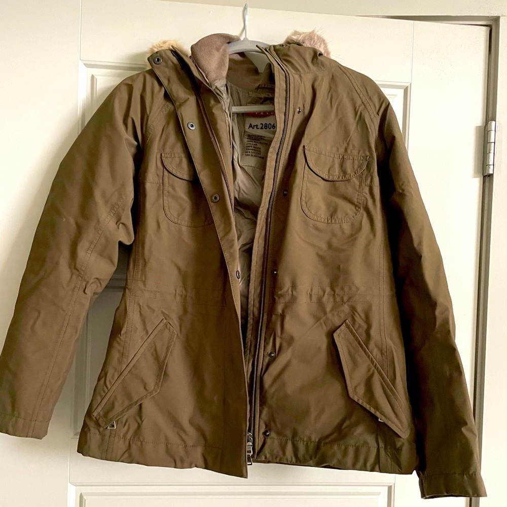 Prada army green parka with fur hood.